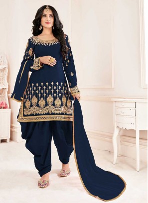 Blue Color Silk Mirror Work Salwar Suit