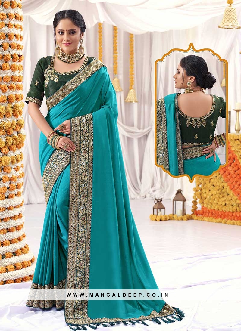 Blue Color Vichitra Silk Party Wear Saree