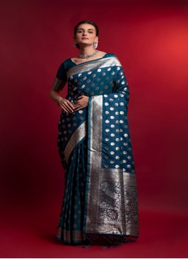 Blue Color Wedding Wear Heavy Wevon Design Saree