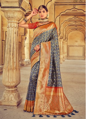 Blue Color Wedding Wear Saree In Silk