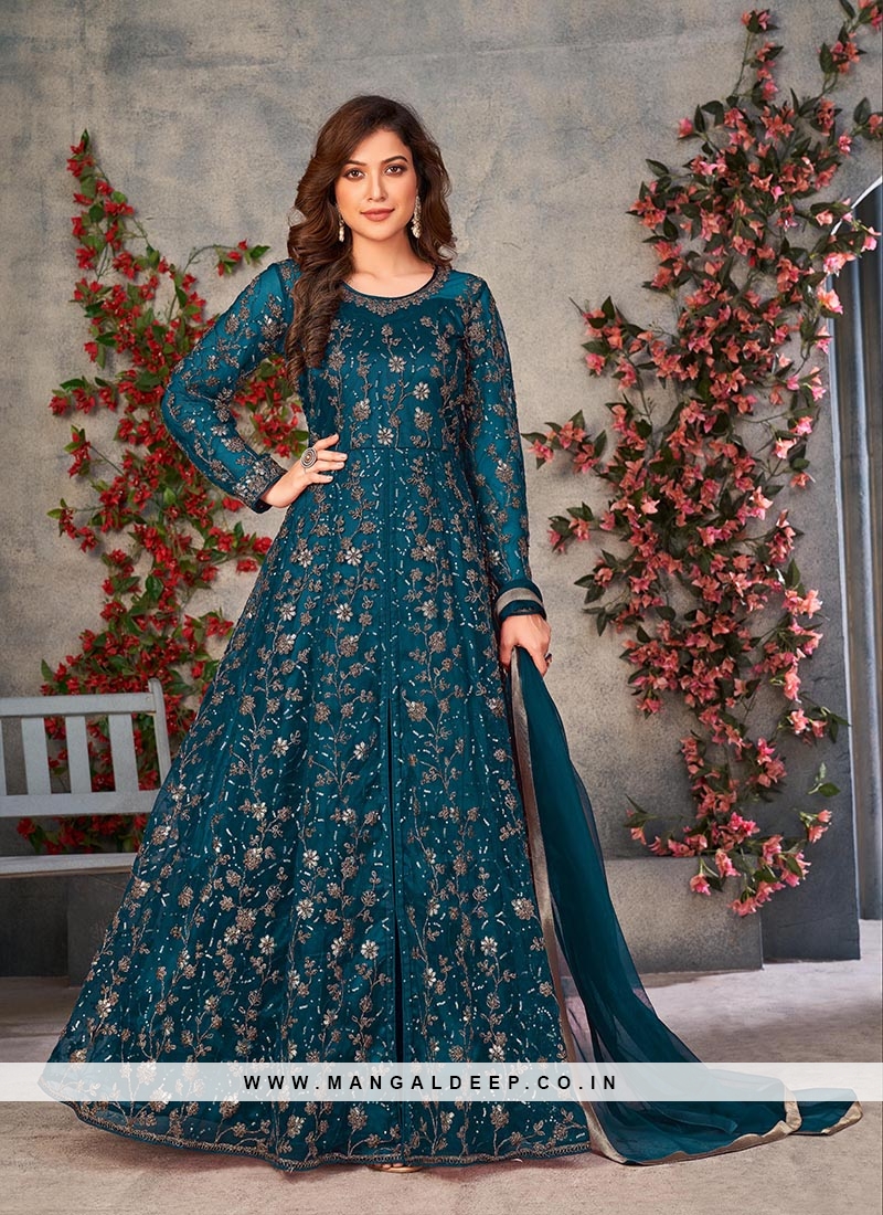 Buy Anarkali Gown Blue Jacquard Anarkali Suits Online for Women in USA