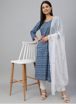 Blue Cotton Floral Print Readymade Salwar Kameez