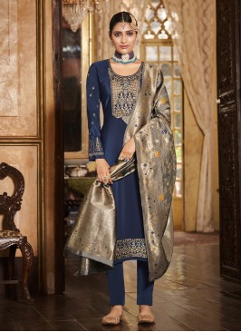 Blue Crepe Silk Straight Salwar Kameez