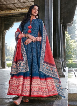 Blue Digital Print Readymade Anarkali Suit
