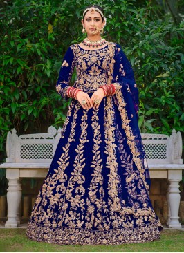 Blue Dori Work Velvet Designer Lehenga Choli