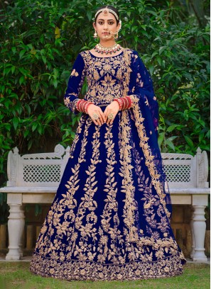 Blue Dori Work Velvet Designer Lehenga Choli