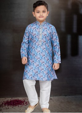 Blue Elegance: Boys' Kurta and Trouser Set.