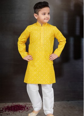 Yellow Elegance: Boys' Kurta and Trouser Set.