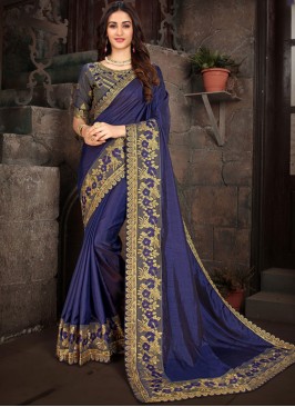Blue Embroidered Art Silk Designer Saree