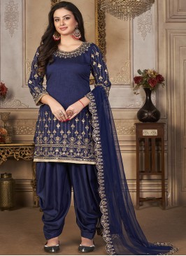 Blue Embroidered Art Silk Semi Stitched Suit