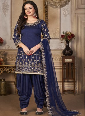 Blue Embroidered Art Silk Semi Stitched Suit