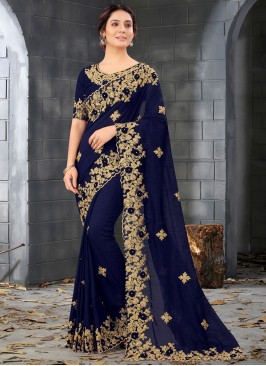 Blue Embroidered Designer Saree