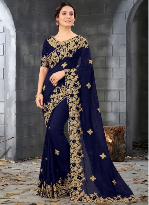 Blue Embroidered Designer Saree