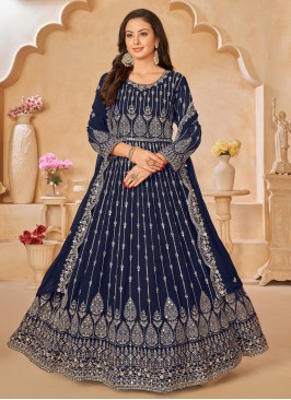 Blue Embroidered Faux Georgette Anarkali Salwar Kameez