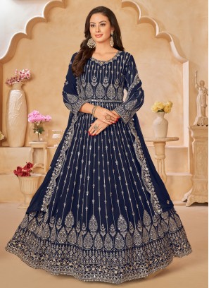 Blue Embroidered Faux Georgette Anarkali Salwar Kameez