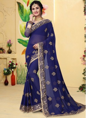 Blue Embroidered Festival Trendy Saree