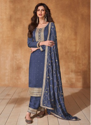 Blue Embroidered Party Readymade Salwar Kameez