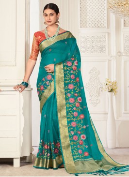 Blue Embroidered Reception Trendy Saree