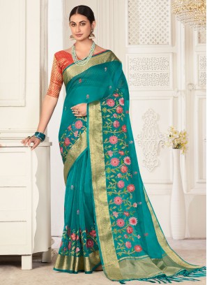 Blue Embroidered Reception Trendy Saree