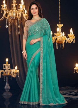 Blue Embroidered Shimmer Georgette Classic Saree