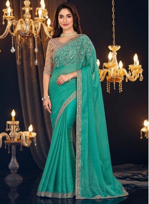 Blue Embroidered Shimmer Georgette Classic Saree