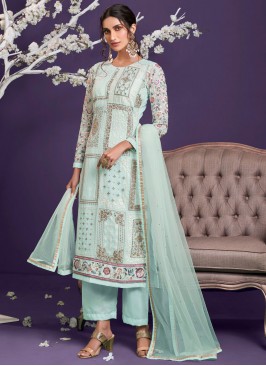 Blue Faux Georgette Embroidered Designer Pakistani Suit