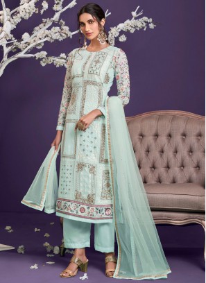 Blue Faux Georgette Embroidered Designer Pakistani Suit
