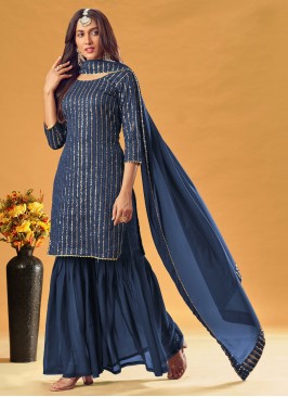 Blue Faux Georgette Embroidered Readymade Salwar Kameez