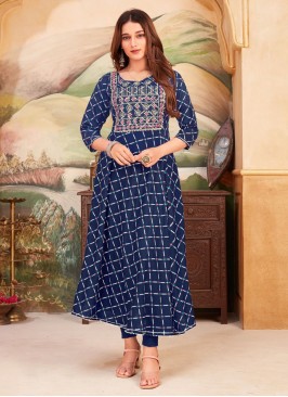 Blue Foil Print Rayon Party Wear Kurti