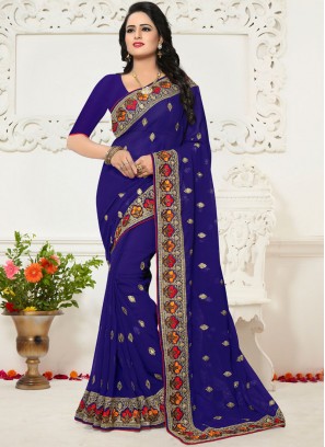 Blue Georgette Embroidered Saree