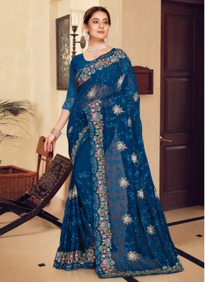 Blue Georgette Resham Contemporary Saree