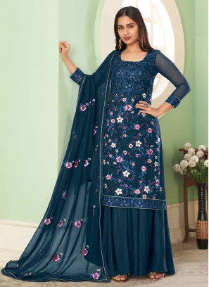 Blue Georgette Wedding Palazzo Salwar Kameez