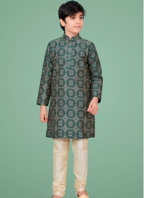 Green gicha silk Indo Western Suit for Boys.