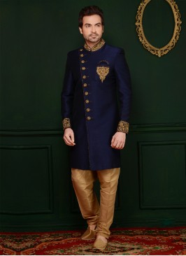 Blue Handwork Sherwani In Art Banarasi Silk Fabric