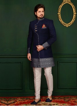 Blue Jute Velvet Brocade Engagement Wear Indo Western Suit