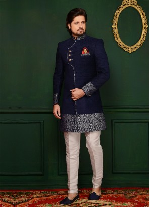 Blue Jute Velvet Brocade Engagement Wear Indo Western Suit