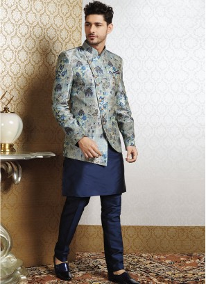 Blue Kurta With Grey Print Jacket