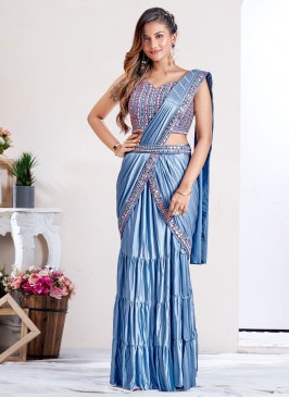 Blue Lycra Embroidered Designer Saree
