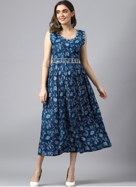 Blue Muslin Floral Printed Dress