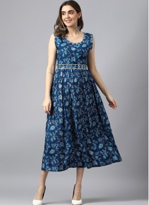 Blue Muslin Floral Printed Dress