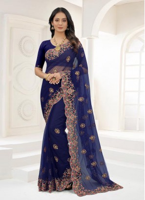 Blue Net Designer Contemporary Saree