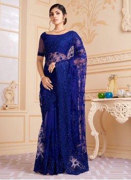 Blue Net Embroidered Trendy Saree