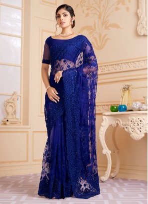 Blue Net Embroidered Trendy Saree