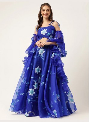 Blue Organza Floral Print Trendy Lehenga Choli
