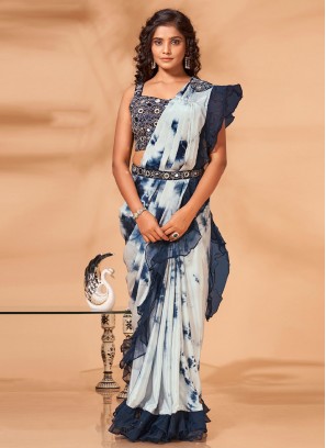 Blue Party Georgette Satin Contemporary Saree