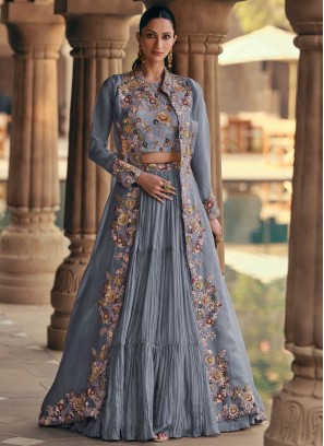 Blue Plain Silk Readymade Lehenga Choli