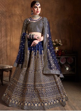 Blue Raw Silk Lace Lehenga Choli