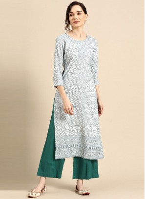 Blue Rayon Embroidered Party Wear Kurti