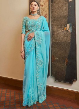 Blue Resham Organza Designer Traditional Saree