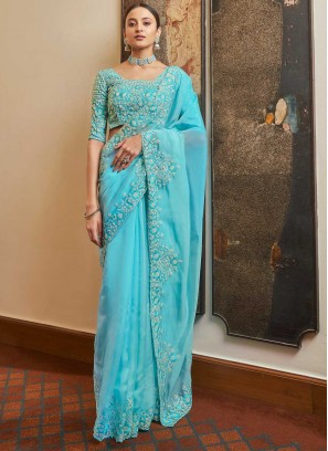 Blue Resham Organza Designer Traditional Saree